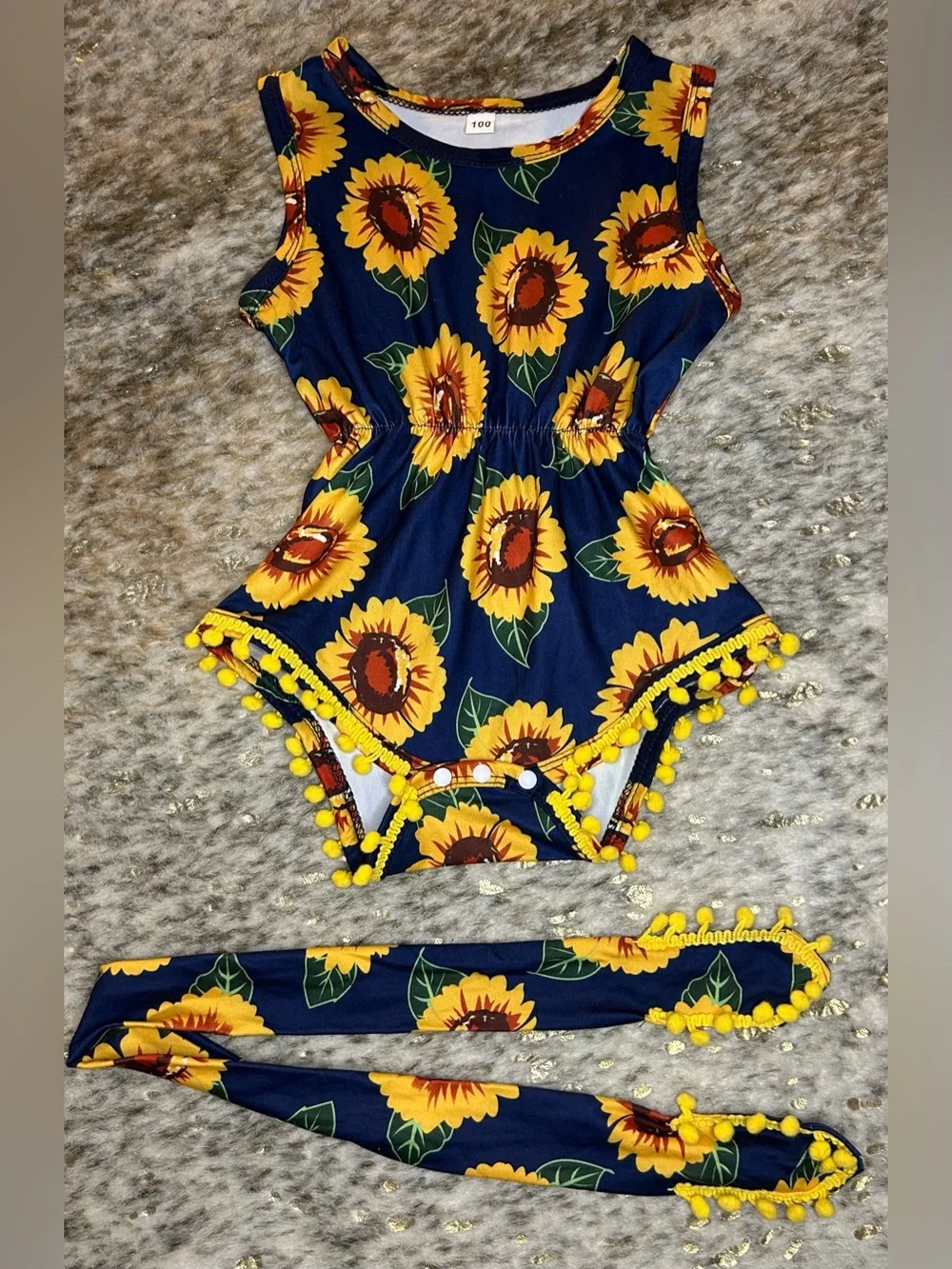 5 for $25🔥3T-4T Yellow Sunflower PomPom Hem Snap Bottom Bodysuit & Headband